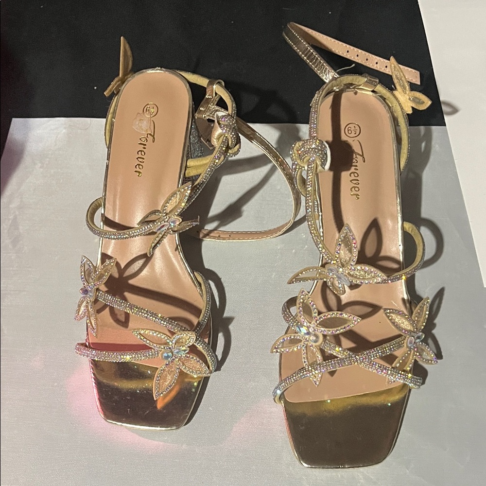 Forever 21 Gold Floral Strappy Heels